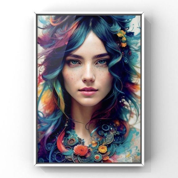 Wall Art print of girl portrait with abstract illustration in different colors - Picture 3 of 4